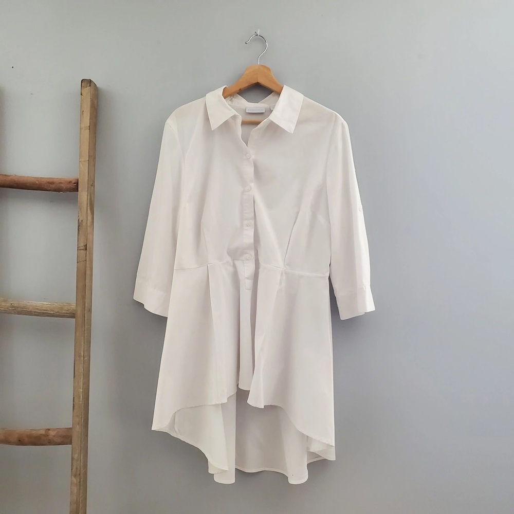 New York & Company White Button-Down High-Low Peplum Shirt